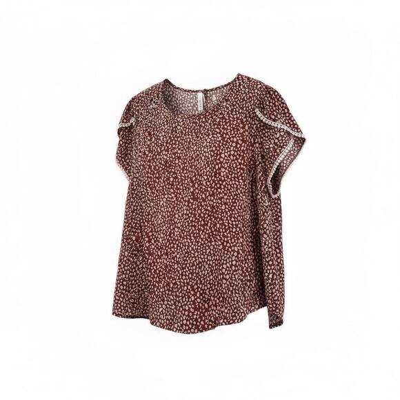 Plus Size 4X Mauve Pink Dot Print Flutter Sleeve Blouse Crochet Trim Top NWOT - Picture 2 of 7